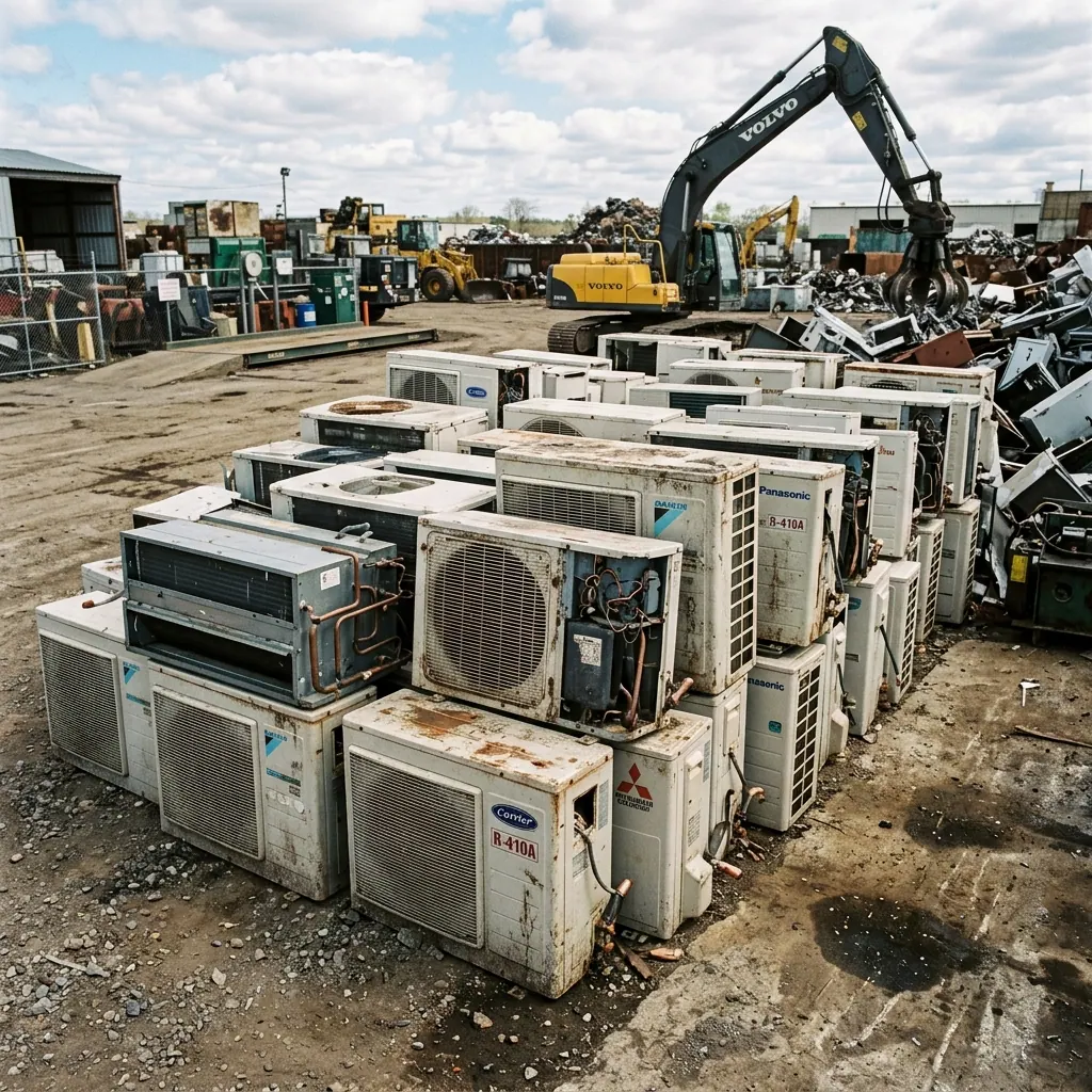 Degassed split system and window air conditioning units stacked for scrap recycling at Shine Motor Corporation Ingleburn