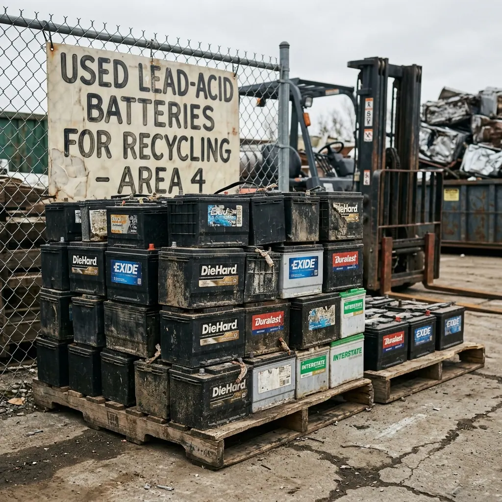 Used lead-acid car and truck batteries stacked upright for scrap recycling at Shine Motor Corporation Ingleburn