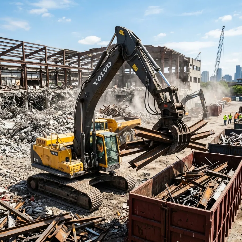 Excavator sorting heavy melting steel and structural scrap on a demolition site