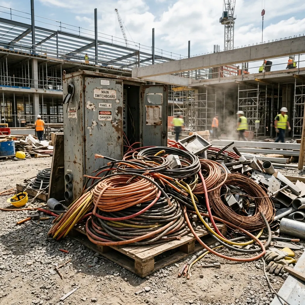 Thick insulated copper cable and switchboard scrap from an electrician work site