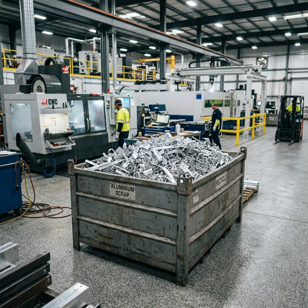Industrial bin filled with clean aluminium production offcuts in a manufacturing facility