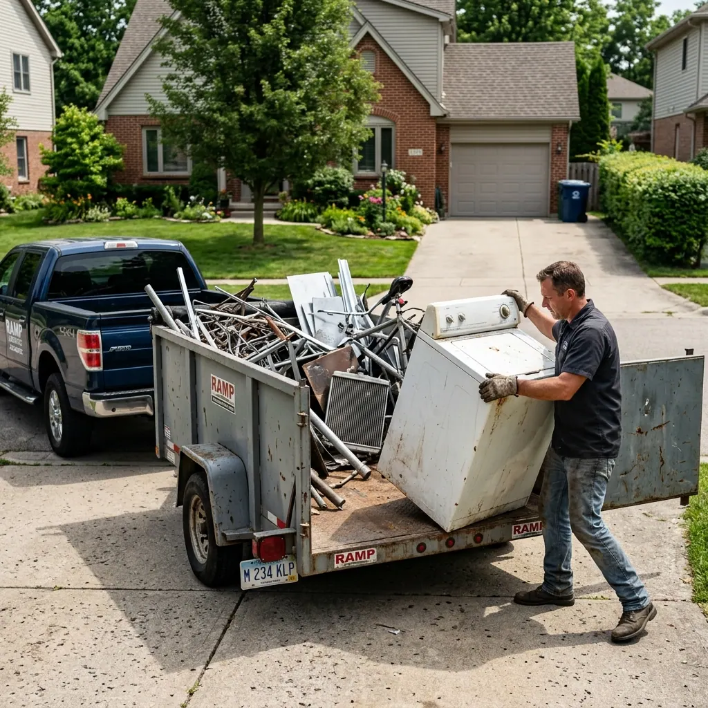 Customer unloading household scrap metal and old appliances into a trailer for recycling at Shine Motor