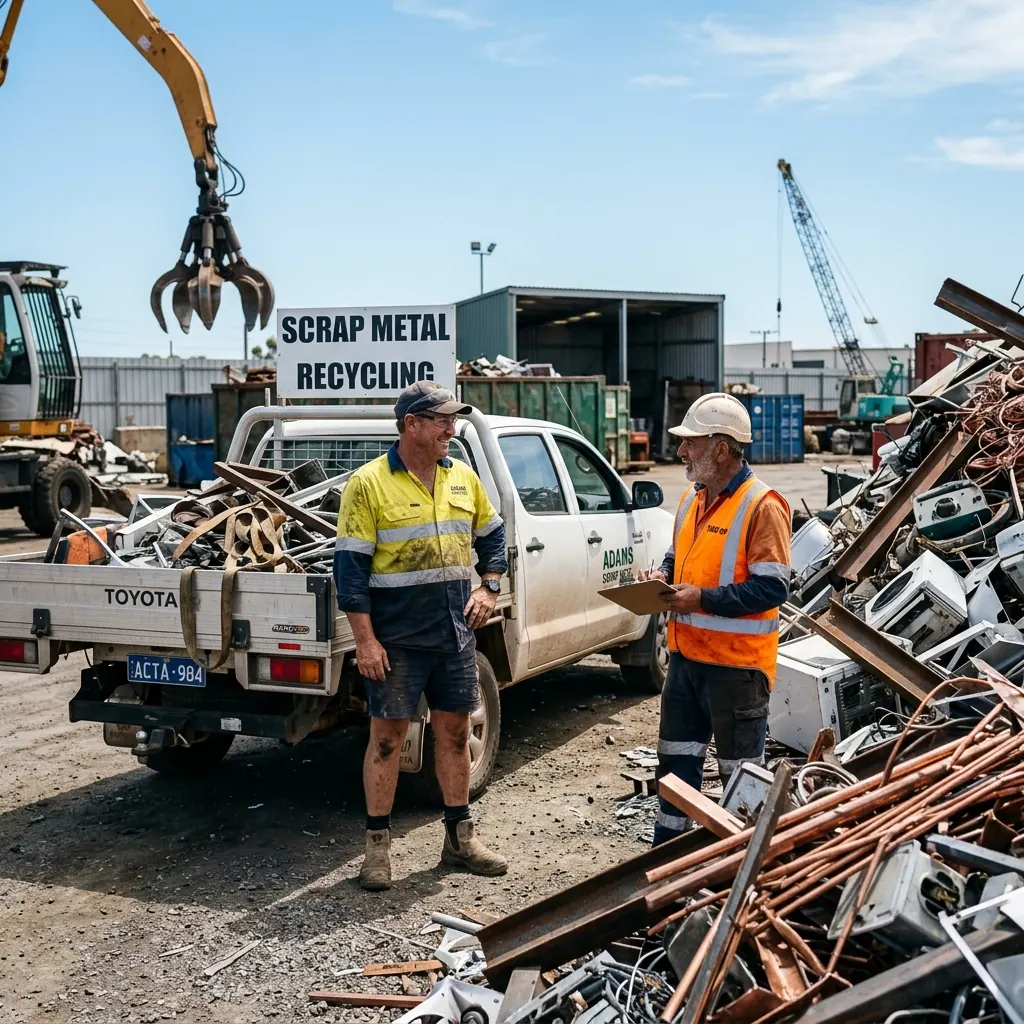 Australian tradie at a scrap metal yard getting paid for mixed metal offcuts