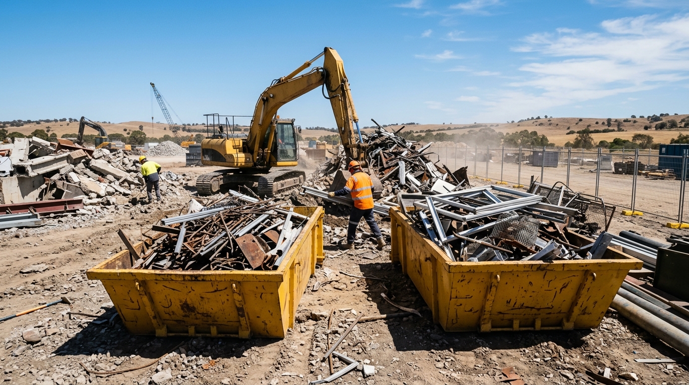 Industrial skip bins on a demolition site filled with scrap metal for collection
