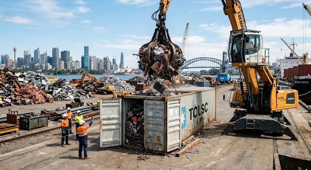 Shipping container being loaded with processed scrap metal by an excavator at Shine Motor export yard in Sydney