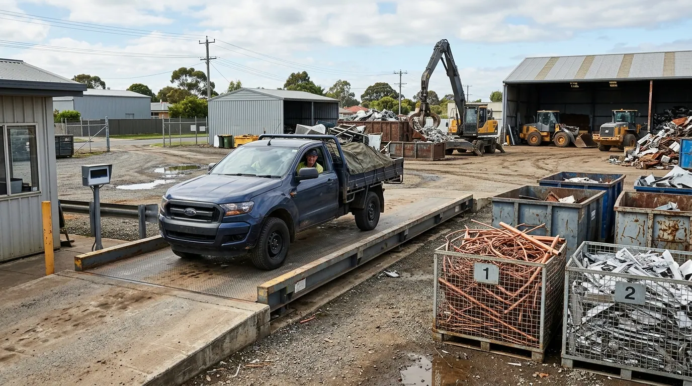Customer ute at a scrap metal recycling yard intake scale surrounded by sorted copper and aluminium bins in Ingleburn Sydney