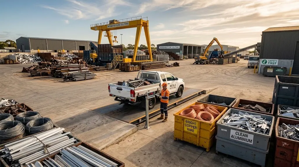 Customer ute at a scrap metal recycling yard intake scale surrounded by sorted copper and aluminium bins in Ingleburn Sydney